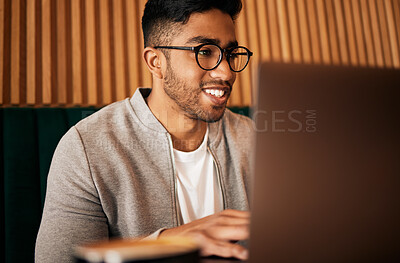 Buy stock photo Cafe, remote work and happy man with reading glasses for laptop, search or email communication. Coffee shop, freelance and male student online for e learning, research or upskill assignment project