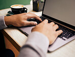 Remote work, hands and man with laptop at a cafe for planning, search or social media closeup. Keyboard, mockup and freelance person online at coffee shop for restaurant review, feedback or network