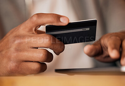 Buy stock photo Credit card, hands and business man in office closeup for loan, payment or investment. Savings, ecommerce and male entrepreneur with online shopping deal, sale or sign up, discount or customer survey