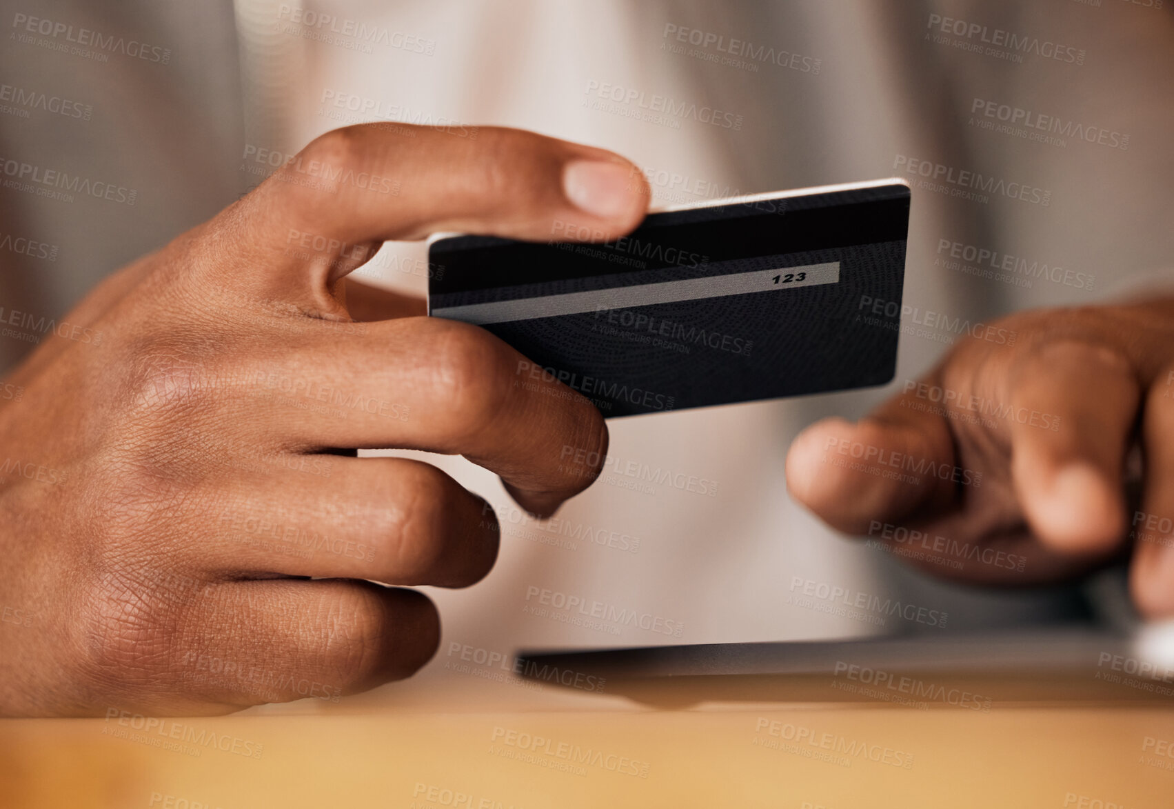 Buy stock photo Credit card, hands and business man in office closeup for loan, payment or investment. Savings, ecommerce and male entrepreneur with online shopping deal, sale or sign up, discount or customer survey