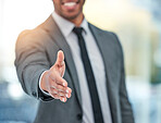 Businessman, handshake and meeting in deal, partnership or b2b for teamwork or hiring at office. Closeup of man or employee shaking hands for agreement, greeting or introduction in job or recruiting