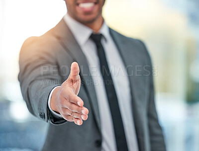 Buy stock photo Businessman, handshake and meeting in deal, partnership or b2b for teamwork or hiring at office. Closeup of man or employee shaking hands for agreement, greeting or introduction in job or recruiting