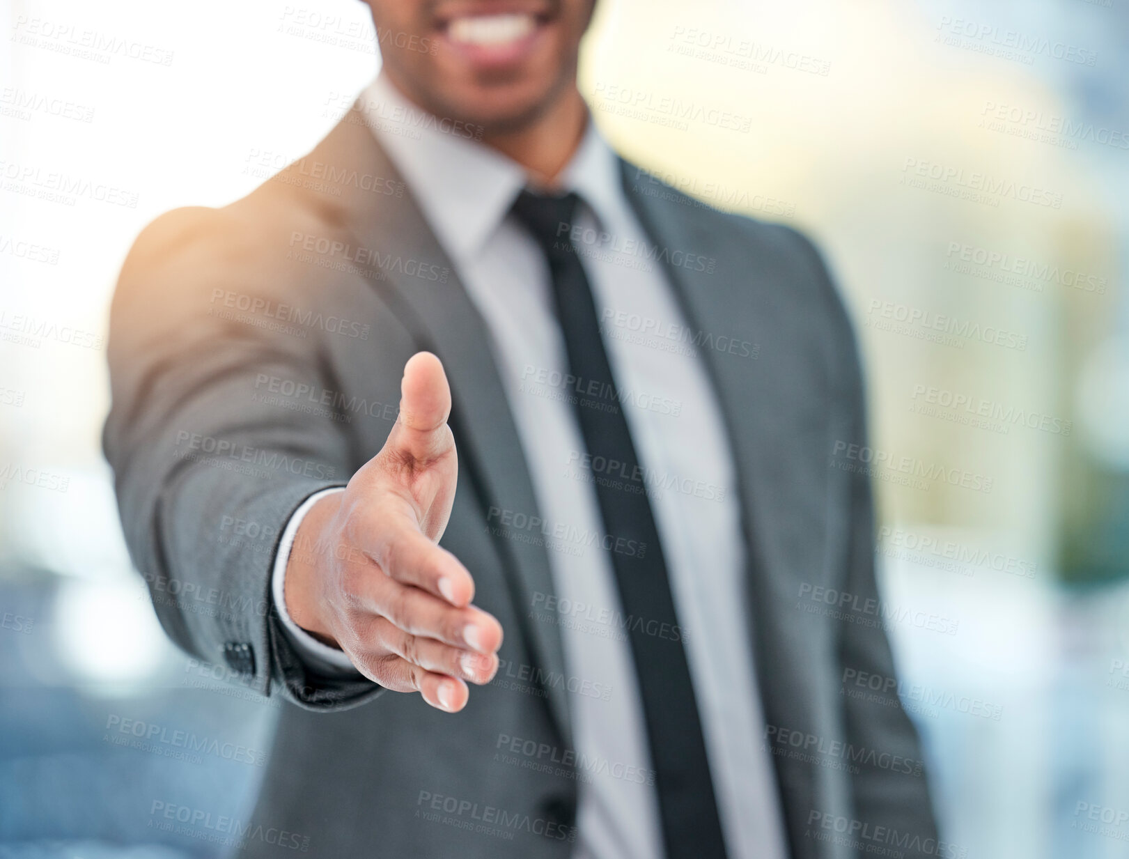 Buy stock photo Businessman, handshake and meeting in deal, partnership or b2b for teamwork or hiring at office. Closeup of man or employee shaking hands for agreement, greeting or introduction in job or recruiting