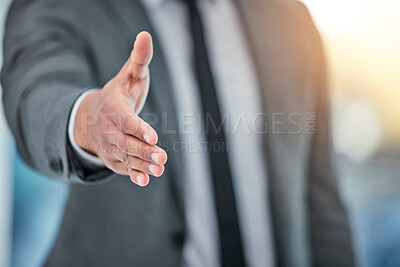 Buy stock photo Businessman, handshake and meeting in deal, b2b or partnership for teamwork or hiring at office. Closeup of man or employee shaking hands for agreement, greeting or introduction in job or recruiting