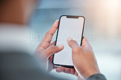 Buy stock photo Businessman, phone and hands typing on mockup for communication, social media or networking at office. Closeup of man or employee on mobile smartphone display for online texting, chatting or research