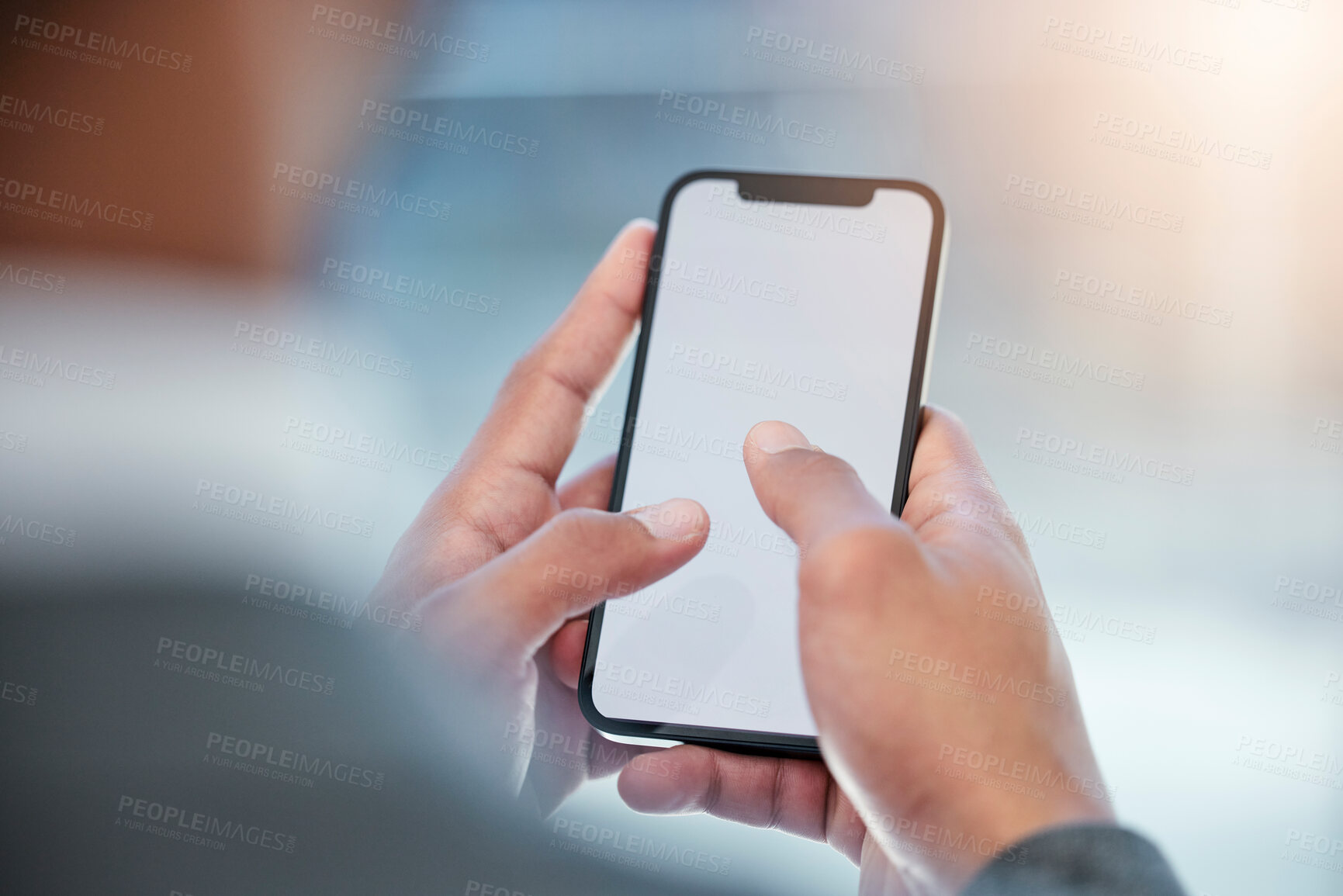 Buy stock photo Businessman, phone and hands typing on mockup for communication, social media or networking at office. Closeup of man or employee on mobile smartphone display for online texting, chatting or research