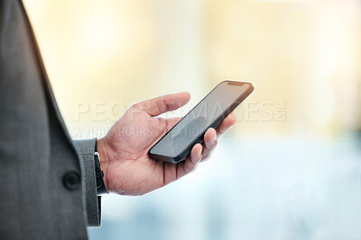 Buy stock photo Businessman with phone in hand, checking email and networking with communication. Contact, connectivity and man with smartphone, mobile app or internet search for professional with blurred background