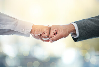 Buy stock photo Business people, fist bump and meeting in deal, partnership or b2b for teamwork or hiring at office. Closeup of employees touching hands for agreement, greeting or introduction in job or recruiting