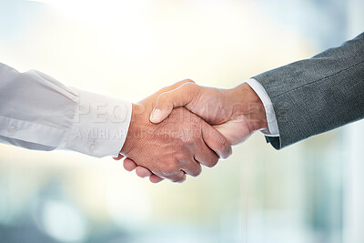 Buy stock photo Business people, handshake and meeting in deal, partnership or b2b for teamwork or hiring at office. Closeup of employees shaking hands for agreement, greeting or introduction in job or recruiting