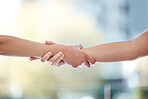 Unity, handshake or people for welcome to partnership, onboarding or collaboration in deal. Greeting gesture, networking or agreement by thank you for introduction, trust synergy or meeting together