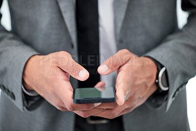 Buy stock photo Businessman, phone and hands typing for communication, social media or networking at office. Closeup of man or employee on mobile smartphone for online texting, chatting or research at workplace