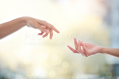 Buy stock photo Helping hand, people and giving for support with bokeh, hope and empathy for healing or mental health. Hands, reaching and donation for charity, kindness and compassion with humanity and assistance