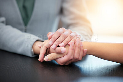 Buy stock photo Therapy, client empathy and people holding hands together for consultation meeting, help or closeup support. Psychology service, mental health psychologist or depression counseling for trauma patient
