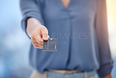 Buy stock photo Business woman, hand and credit card for payment, transaction or banking in checkout at office. Closeup of female person employee giving debit for electronic purchase, buying or shopping at workplace