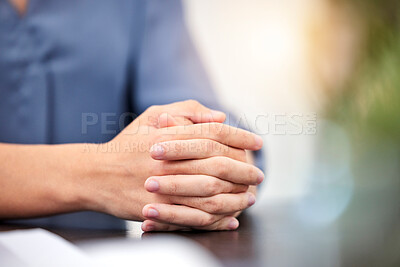 Buy stock photo Hands, patience and professional person waiting for lawyer job interview, legal consultation or HR business meeting. Human resources, power and closeup advocate, hiring employer or attorney services