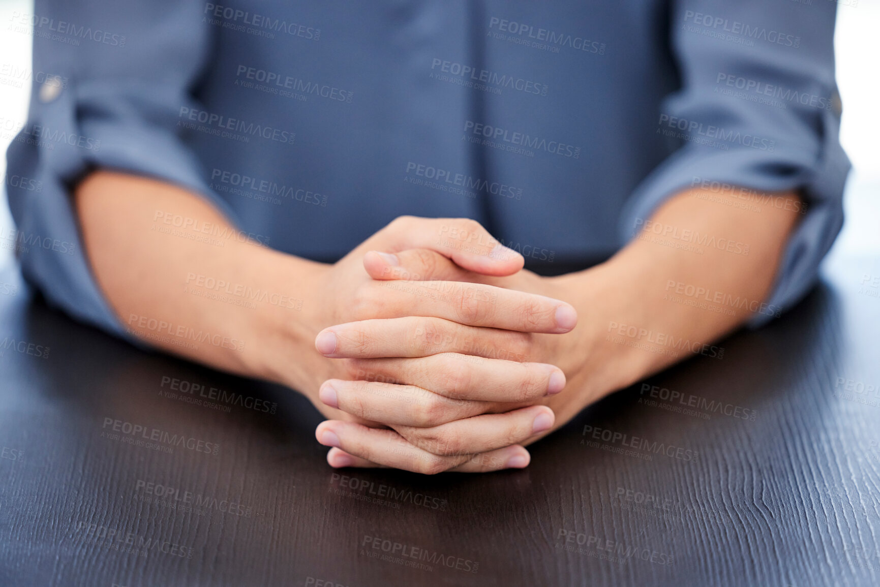 Buy stock photo Hands, patience and business person waiting for lawyer job interview, legal consultation or meeting with HR manager. Human resources, authority and closeup advocate, employer or attorney appointment