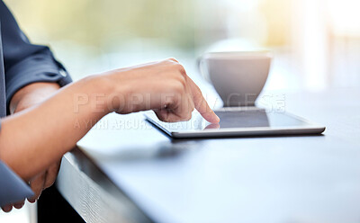 Buy stock photo Tablet, coffee and closeup of hand scroll on social media, mobile app or the internet in the office. Digital technology, cappuccino and business woman doing research on a website in modern workplace.