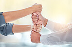Hands stack, fist and professional people together for support, team building collaboration or business unity. Colleague motivation, corporate partner and coworkers cooperation, synergy or teamwork