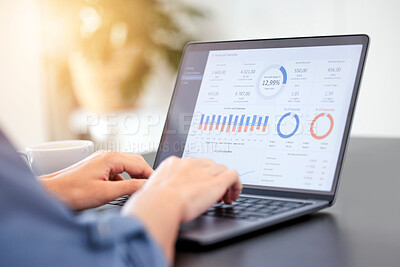Buy stock photo Business person, laptop and marketing with statistics in analytics, graph or chart data at office. Closeup of employee or analyst on computer for corporate profit, finance or ROI revenue at workplace