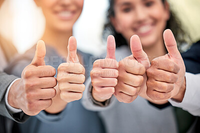 Buy stock photo Business people, hands and thumbs up for thank you, teamwork or success together at office. Closeup of employees showing like emoji, yes sign or OK for approval, agreement or good job at workplace