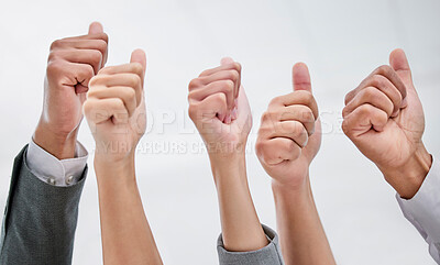 Buy stock photo Business people, hands and thumbs up in teamwork, thank you or success together at office. Closeup of employees showing like emoji, yes sign or OK for approval, agreement or good job at workplace