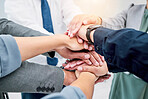 Business people, hands together and meeting in team building, collaboration or motivation at office. Closeup of employee group piling in teamwork for coordination, community or unity at workplace