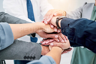 Buy stock photo Business people, hands together and meeting in team building, collaboration or motivation at office. Closeup of employee group piling in teamwork for coordination, community or unity at workplace