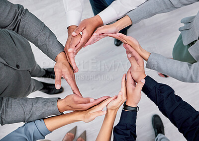 Buy stock photo Hands, solidarity circle and professional people together in support, team building connection or colleague trust. Top view, corporate group meeting and community cooperation, synergy and commitment