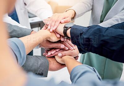 Buy stock photo Business people, hands together and meeting in teamwork, collaboration or motivation at office. Closeup of employee group piling in team building for coordination, community or unity at workplace