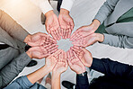 Hands, diversity circle and business people together in support, team building collaboration or colleague trust. Top view, corporate group meeting and cooperation, synergy or teamwork solidarity.