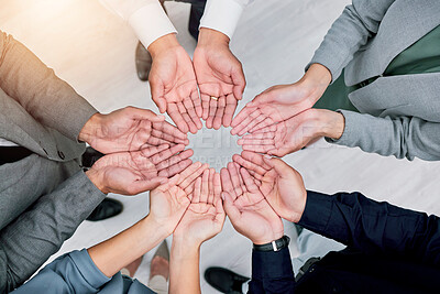 Buy stock photo Hands, diversity circle and business people together in support, team building collaboration or colleague trust. Top view, corporate group meeting and cooperation, synergy or teamwork solidarity.