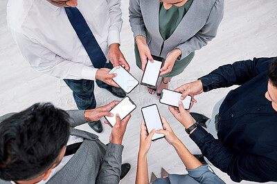 Buy stock photo Business people, hands and phone screen in circle for networking, communication and mockup. Contact, connectivity and professional team with smartphone, mobile app or internet search with web space.