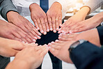 Hands, group circle and business people solidarity, unity and together in support, trust or closeup team building. Company mission, corporate meeting and community cooperation, synergy or commitment
