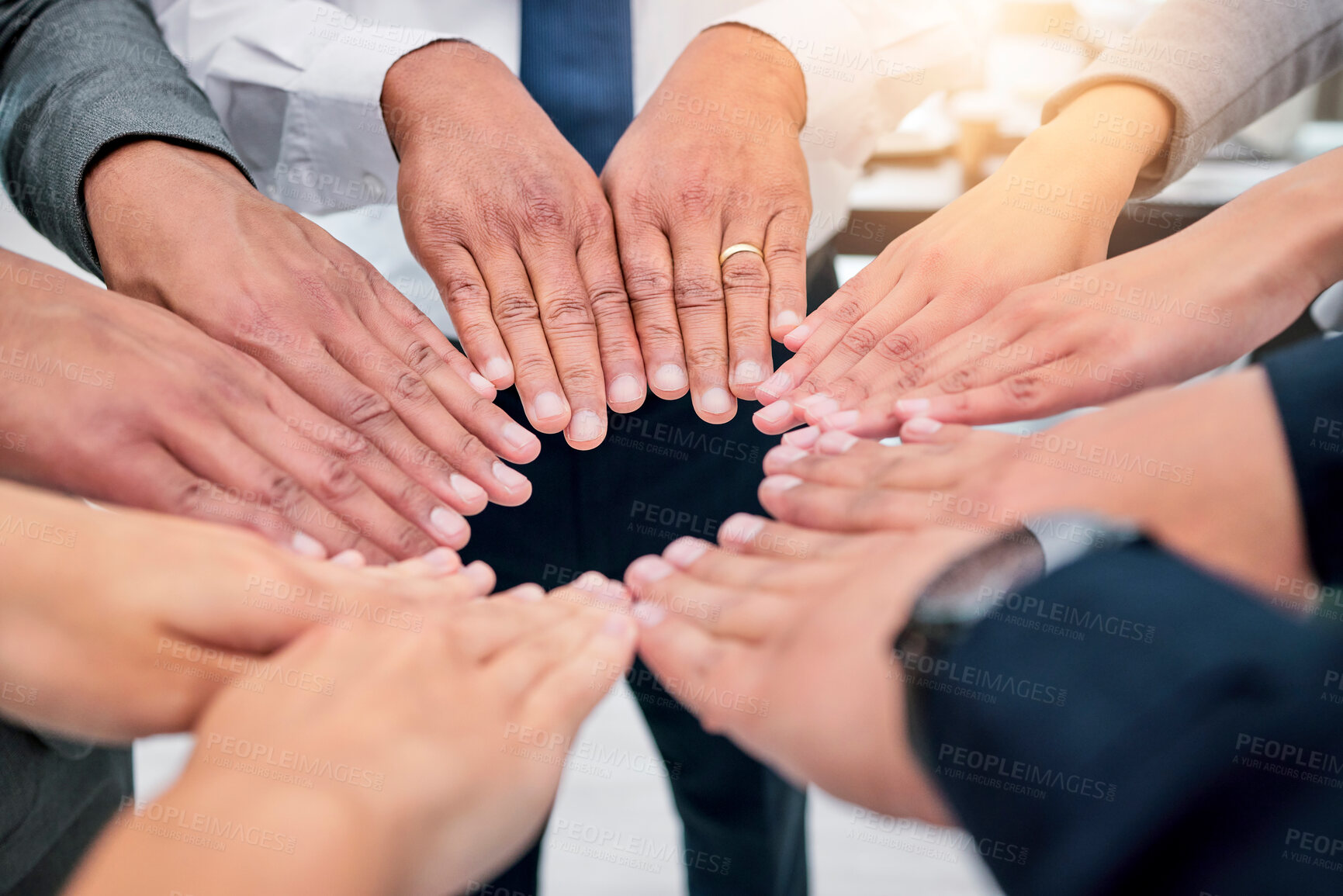 Buy stock photo Hands, group circle and business people solidarity, unity and together in support, trust or closeup team building. Company mission, corporate meeting and community cooperation, synergy or commitment