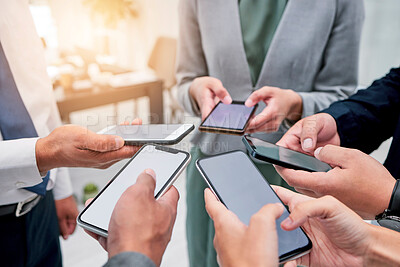 Buy stock photo Business people, hands and phone in circle for networking, communication or collaboration. Contact, connectivity and professional team with smartphone, mobile app or internet search with technology.