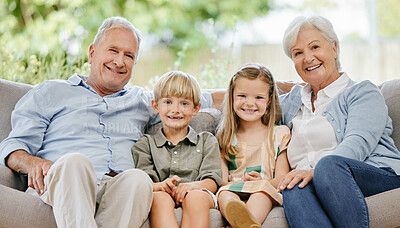 Buy stock photo Smile, portrait and children with grandparents on a sofa in the living room of modern family home. Happy, love and young kids sitting with grandfather and grandmother on couch in the lounge at house.