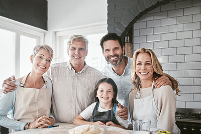 Buy stock photo Cooking, help and portrait of big family in kitchen for happy, learning and food together. Support, smile and chef with parents teaching child baking skills with grandparents at home for cake dessert