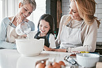 Cooking, learning and family in kitchen with milk jug for food mixing preparation with smile. Happy, wellness and excited child watching mother pouring baker ingredients with grandma in home.