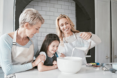Buy stock photo Cooking, learning and family in kitchen with milk jug for food mixing preparation with smile. Happy, wellness and excited child watching mother pouring baker ingredients with grandma in home.