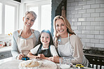 Portrait mom, grandmother and kid baking together at kitchen counter, home and house for love, teaching and development. Happy family of girl child, mother and grandparent learning cookies recipe