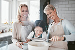 Happy family cooking of child, mother and grandmother teaching youth kid baking, food prep or prepare wheat flour ingredient. Love, female generation and kitchen bonding fun for girl learning to bake