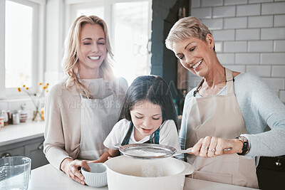 Buy stock photo Happy family cooking of child, mother and grandmother teaching youth kid baking, food prep or prepare wheat flour ingredient. Love, female generation and kitchen bonding fun for girl learning to bake