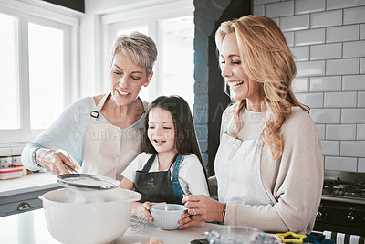 Buy stock photo Family, baking and cooking together in a home kitchen with mother, grandmother and child learning about food and being a chef of baker. Woman, senior and girl helping with flour for pancakes or cake