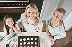 Family, cooking and cookies portrait top view with happy smile together helping in home kitchen. Learning, grandma and mother with child busy with food help, preparation and baking for oven.