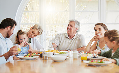 Buy stock photo Dinner, children and happy in big family home with eating, talk and laugh with mom, dad and grandparents. Men, women and kid for food, lunch or brunch for memory, conversation or smile in dining room