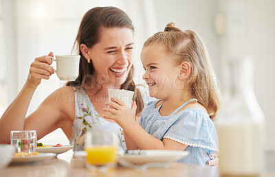 Buy stock photo Mom, girl and breakfast in home with tea cup, comic laugh and relax with drink, food and bonding at table. Love, mother and daughter with coffee, juice and smile with care, happy and family house