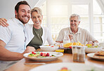 Breakfast, family and portrait with senior woman, mother and happy together in a home. Love, support and care on a dining room with a smile and food with bonding in the morning with fruit in a house