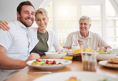 Buy stock photo Breakfast, family and portrait with senior woman, mother and happy together in a home. Love, support and care on a dining room with a smile and food with bonding in the morning with fruit in a house