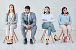 Men, women and wait for job interview or recruitment for corporate career, human resources or opportunity. Diversity, people and chairs for hiring thinking of late process, workforce or staff delay