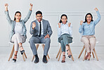 Women, man and chair recruitment or happy cheer for company hire, celebration or career achievement. Female people, male person and shout as future business work or resume success, hope for interview